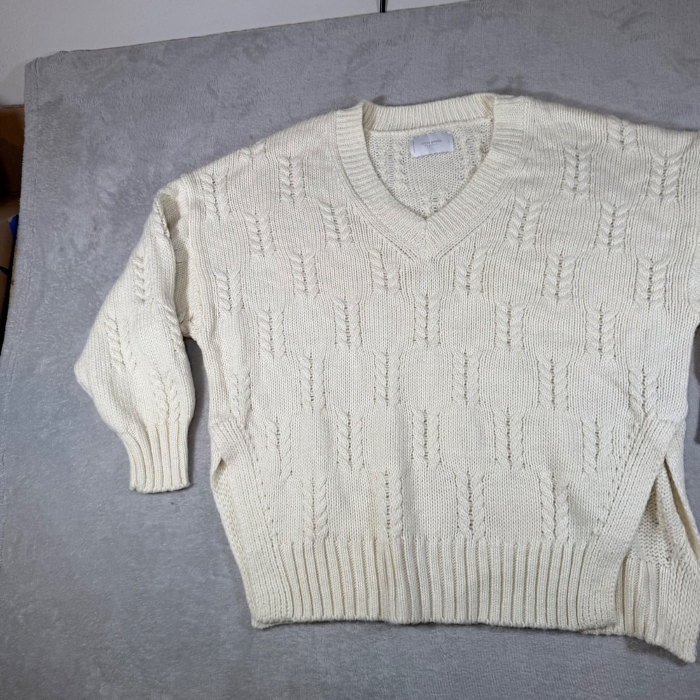 Lucky Brand Womens Cream Cable Knit V-Neck Sweater Side Slit 7WD5906 Large